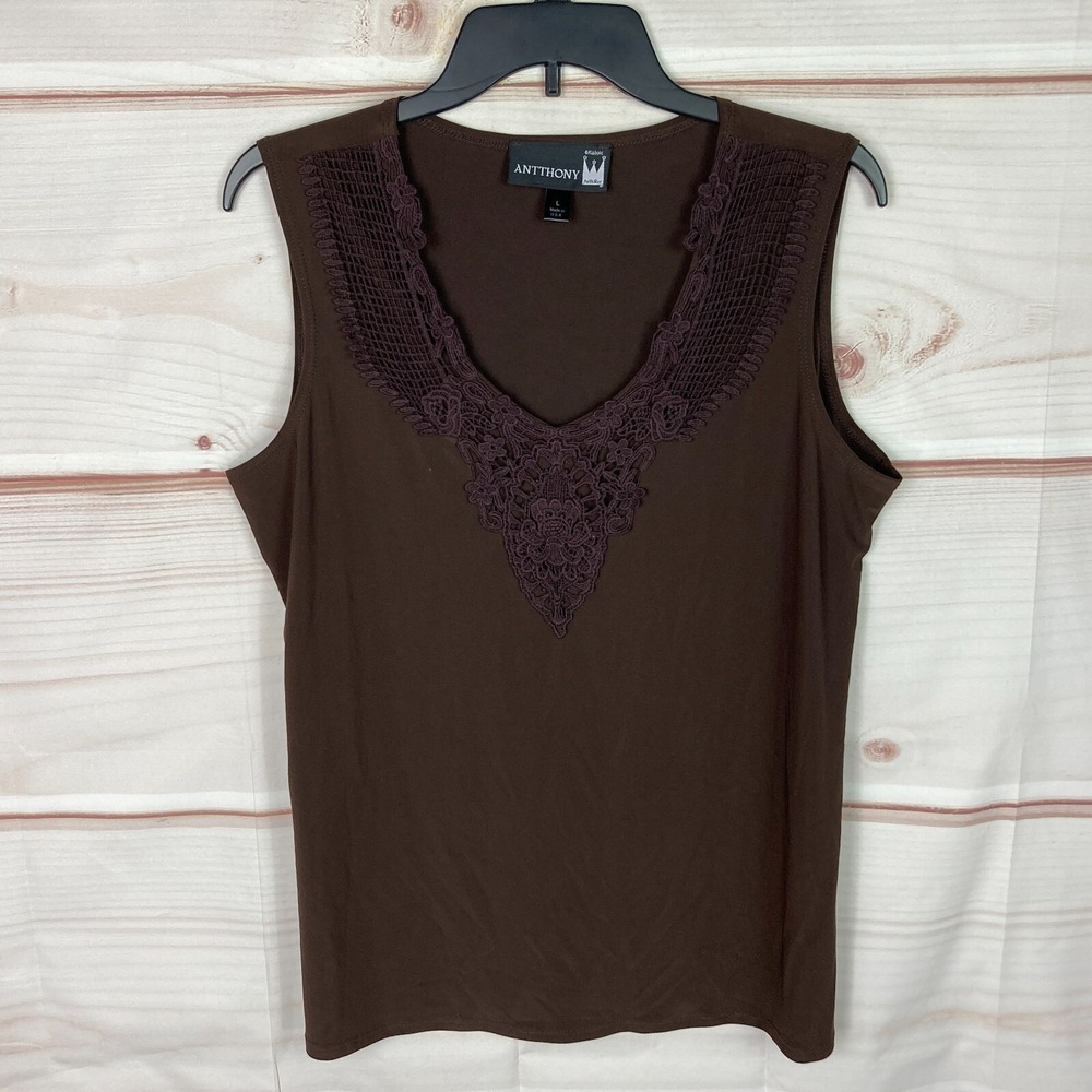 Antthony Top Womens L Brown‎ Sleeveless Tank Lace Trim Knit Solid Scoop Neck